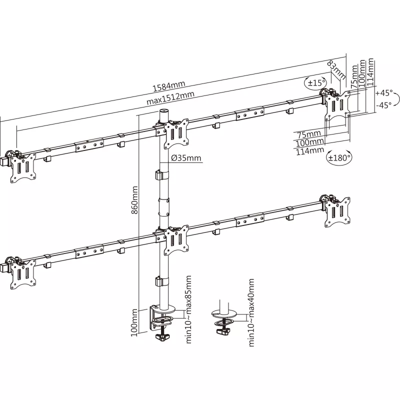 InLine pöytäteline 6x TV / LED / TFT-näytölle enintään 81cm 32 tuumaa max. 7kg musta