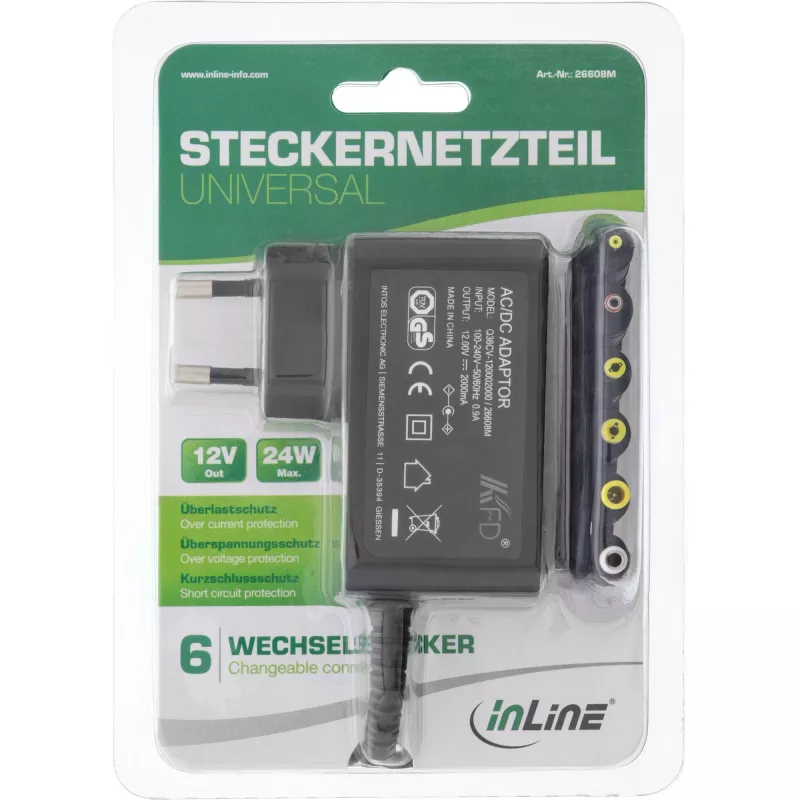 InLine yleisvirtalähde, 12 V / 24 W, 6 vaihdettavalla pistokkeella