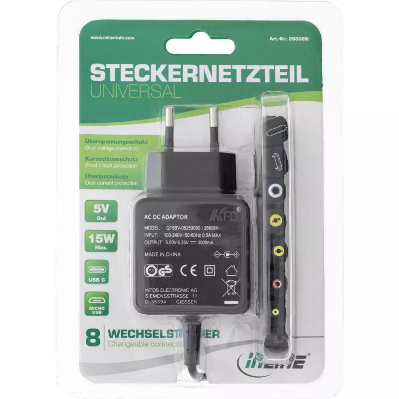 InLine yleisvirtalähde, 5 V / 15 W, 8 vaihtopistokkeella, Micro-USB, USB-C