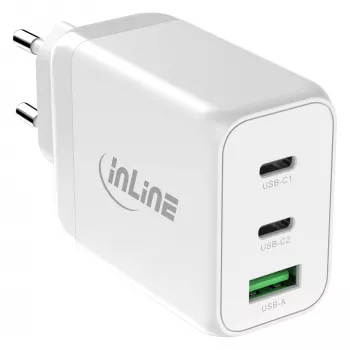 InLine 31506E kannettava laturi — yleinen AC-pikalaturi sisäkäyttöön, 100–240 V tulo, enintään 20 V/5 A lähtö, 1x USB-A, 2x USB-C, valkoinen