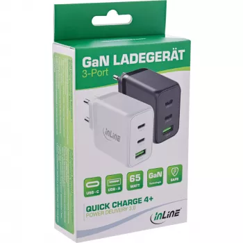 InLine 31506E kannettava laturi — yleinen AC-pikalaturi sisäkäyttöön, 100–240 V tulo, enintään 20 V/5 A lähtö, 1x USB-A, 2x USB-C, valkoinen