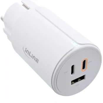InLine USB PD virtalähde, GaN-laturi, 3-porttinen, Dual-USB-C + USB-A, 65W, valkoinen
