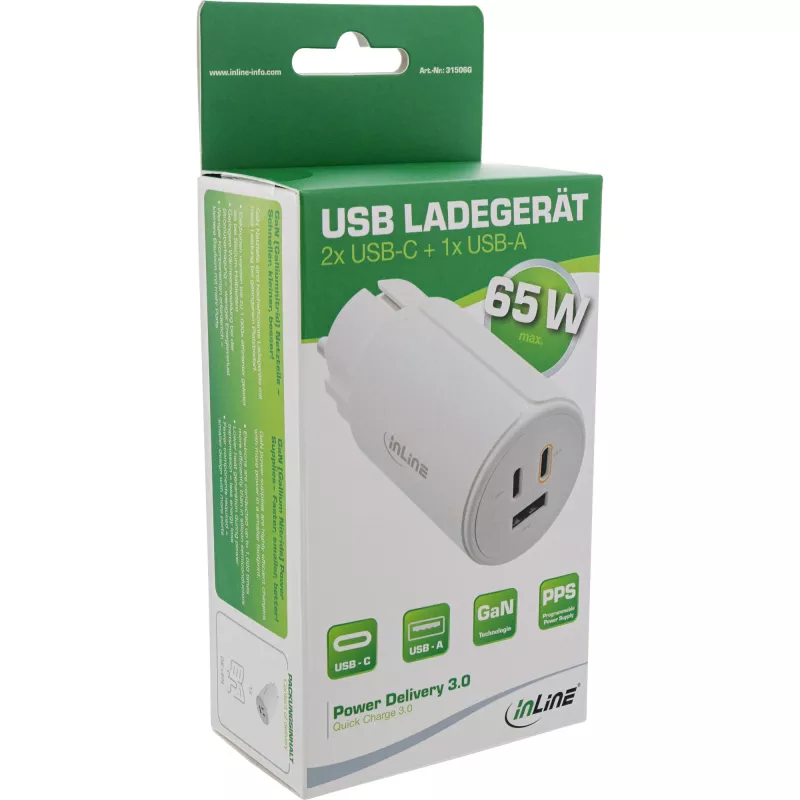 InLine USB PD virtalähde, GaN-laturi, 3-porttinen, Dual-USB-C + USB-A, 65W, valkoinen