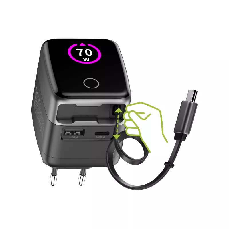 InLine USB-virtalähde, 70 W, GaN, USB-C PD + USB-A QC, kaapeli 60 cm, musta