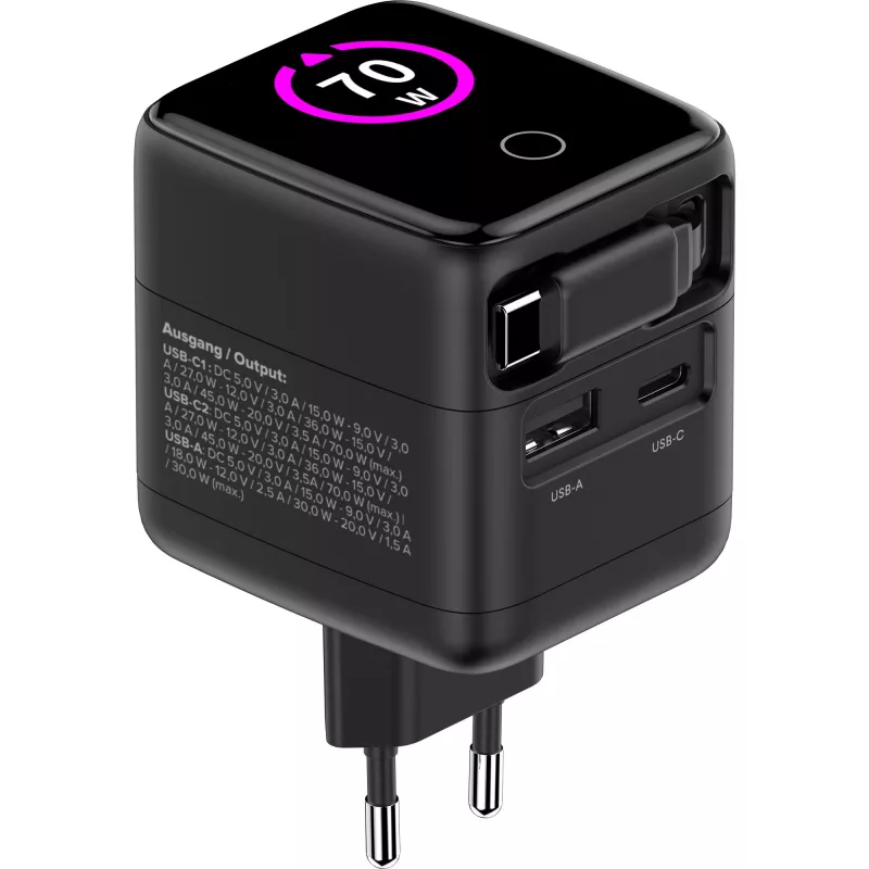 InLine USB-virtalähde, 70 W, GaN, USB-C PD + USB-A QC, kaapeli 60 cm, musta