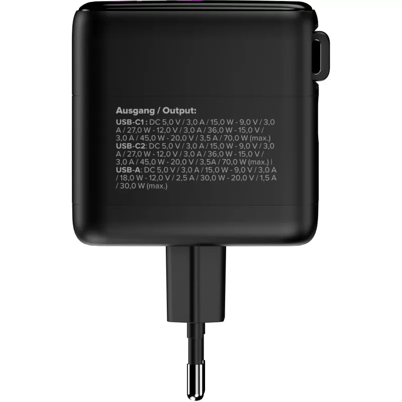 InLine USB-virtalähde, 70 W, GaN, USB-C PD + USB-A QC, kaapeli 60 cm, musta