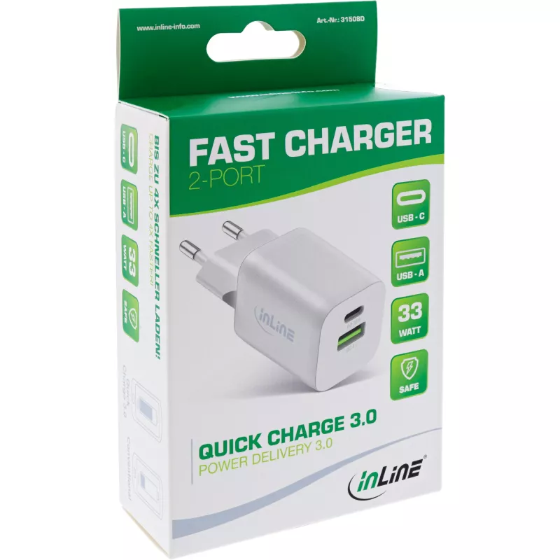 InLine USB-virtalähde, laturi USB-A + USB-C, 33W, PD + QC, valkoinen