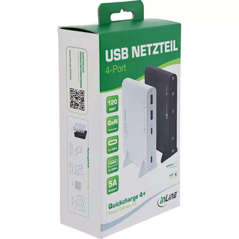 InLine GaN USB-virtalähde, 4-porttinen, 2x USB-C + 2x USB-A, 120 W, musta (31515B)