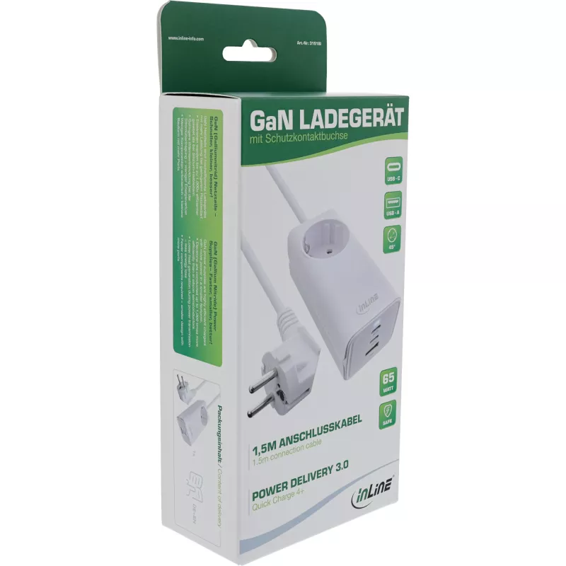InLine USB-virtalähde, GaN-laturi, 2x USB-C, 1x USB-A, PD 3.0, turvapistorasia