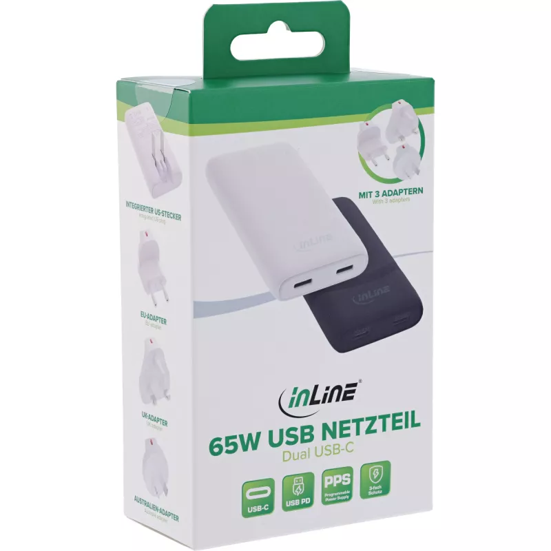 USB-virtalähde laturi InLine 31519B Dual USB-C 65W verkkosovitin kahdella USB-C-liitännällä