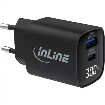 InLine USB PD -virtalähde, GaN-laturi, 2 porttia, USB-C + USB-A, 30W, näytöllä