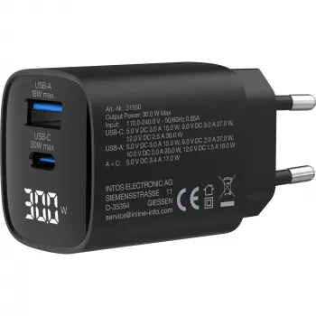 InLine USB PD -virtalähde, GaN-laturi, 2 porttia, USB-C + USB-A, 30W, näytöllä