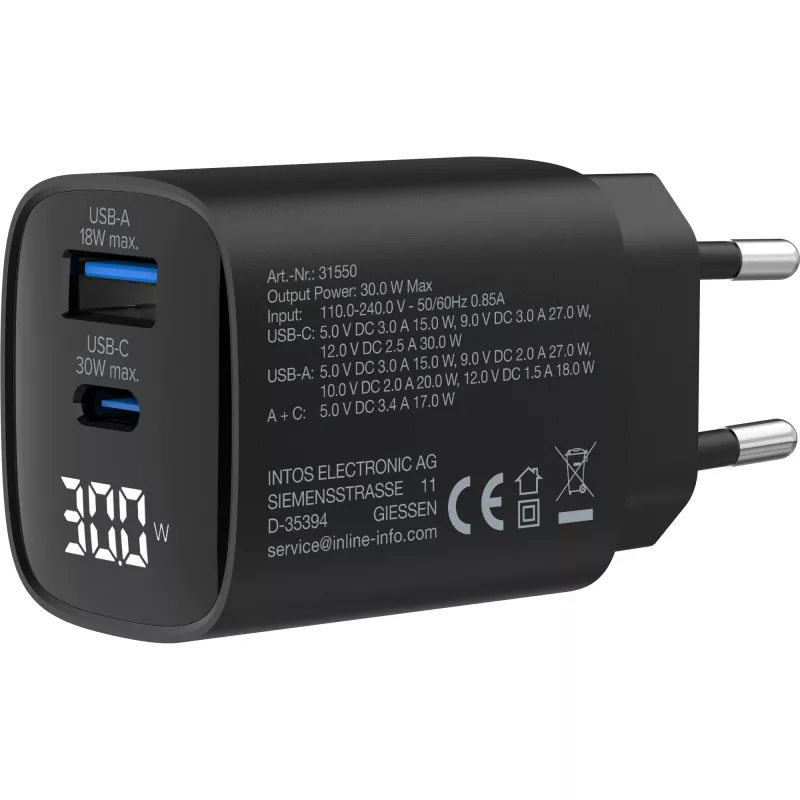 InLine USB PD -virtalähde, GaN-laturi, 2 porttia, USB-C + USB-A, 30W, näytöllä