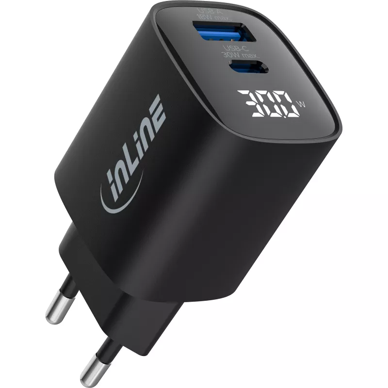 InLine USB PD -virtalähde, GaN-laturi, 2 porttia, USB-C + USB-A, 30W, näytöllä