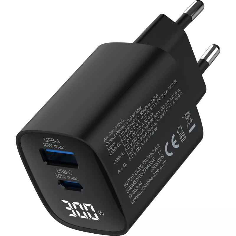 InLine USB PD -virtalähde, GaN-laturi, 2 porttia, USB-C + USB-A, 30W, näytöllä