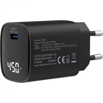InLine USB PD -virtalähde, GaN-laturi, 1 portti, USB-C, 45W, näytöllä