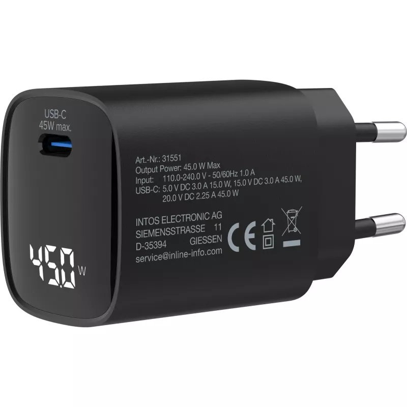InLine USB PD -virtalähde, GaN-laturi, 1 portti, USB-C, 45W, näytöllä