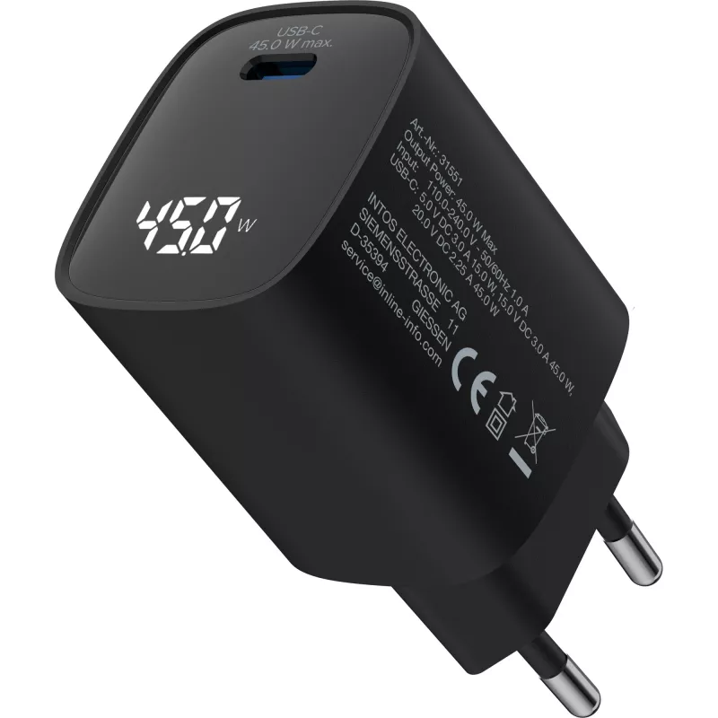 InLine USB PD -virtalähde, GaN-laturi, 1 portti, USB-C, 45W, näytöllä