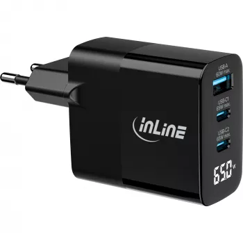 InLine USB PD -virtalähde, GaN-laturi, 3 porttia, USB-C + USB-A, 65 W, näytöllä