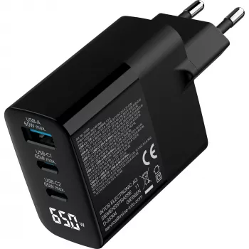 InLine USB PD -virtalähde, GaN-laturi, 3 porttia, USB-C + USB-A, 65 W, näytöllä