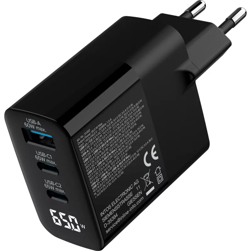 InLine USB PD -virtalähde, GaN-laturi, 3 porttia, USB-C + USB-A, 65 W, näytöllä