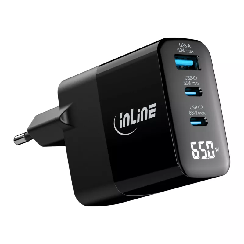 InLine USB PD -virtalähde, GaN-laturi, 3 porttia, USB-C + USB-A, 65 W, näytöllä