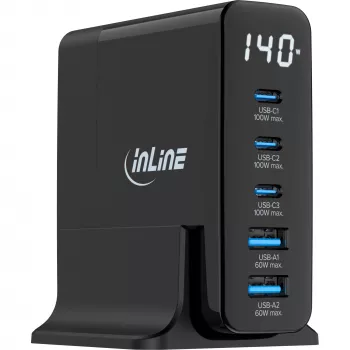 InLine USB PD -virtalähde, GaN-laturi, 5 porttia, USB-C + USB-A, 140W, näytöllä
