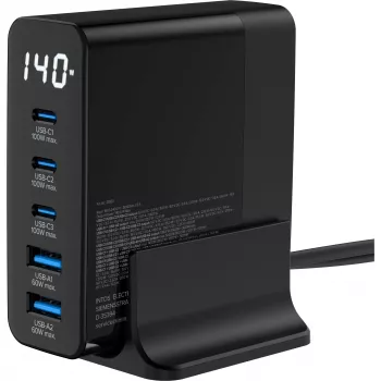 InLine USB PD -virtalähde, GaN-laturi, 5 porttia, USB-C + USB-A, 140W, näytöllä