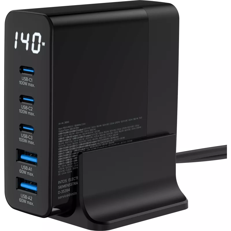 InLine USB PD -virtalähde, GaN-laturi, 5 porttia, USB-C + USB-A, 140W, näytöllä