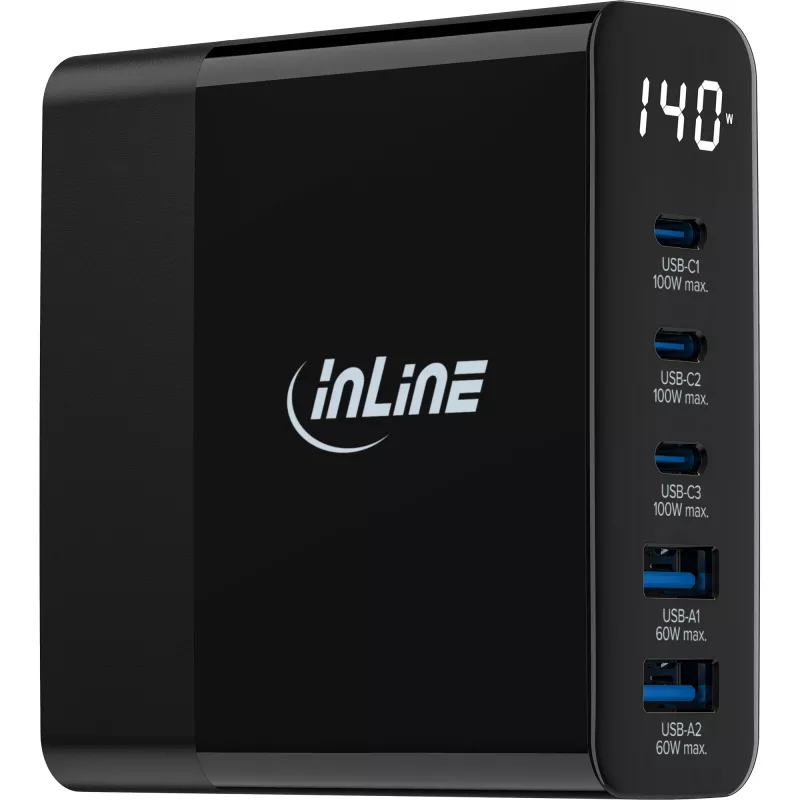 InLine USB PD -virtalähde, GaN-laturi, 5 porttia, USB-C + USB-A, 140W, näytöllä