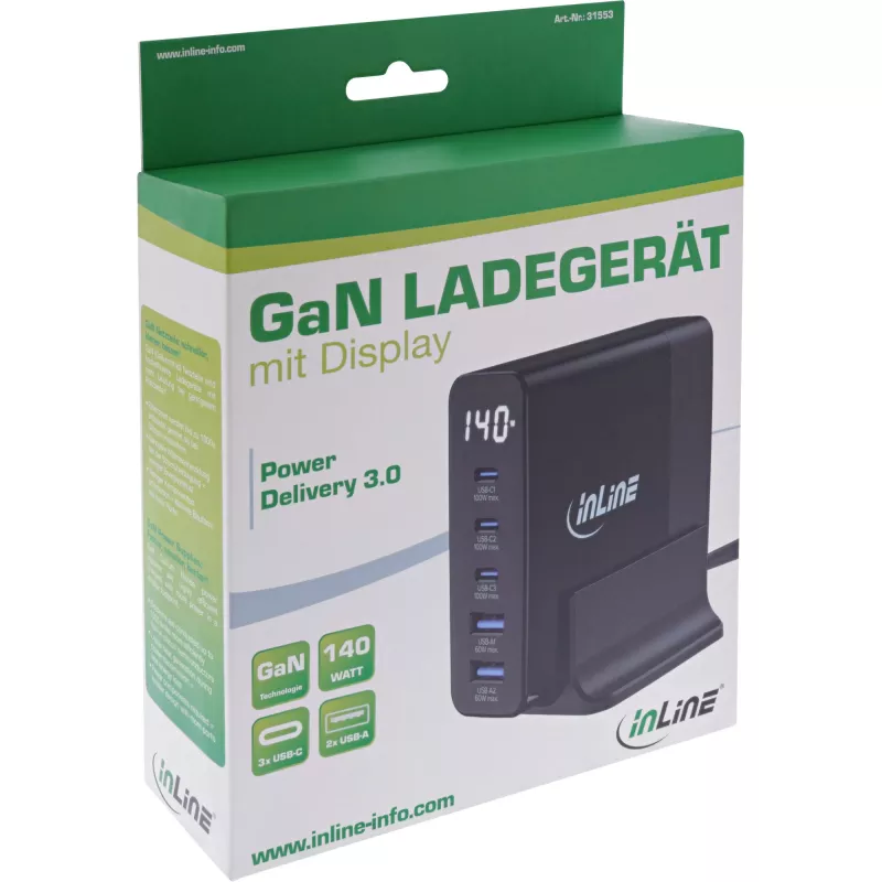 InLine USB PD -virtalähde, GaN-laturi, 5 porttia, USB-C + USB-A, 140W, näytöllä