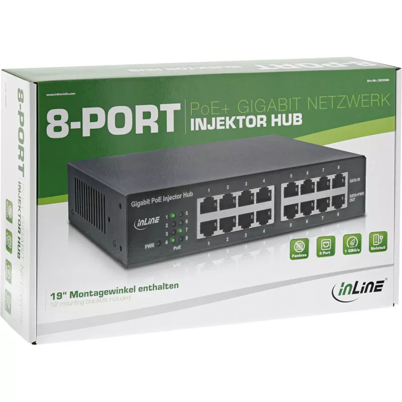 InLine PoE+ Gigabit-verkkokeskitin 8 porttia (8x PoE+), 1 Gbit/s, 19