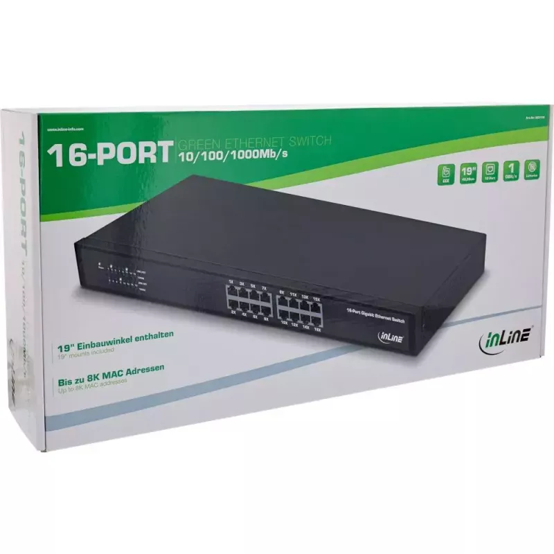 InLine Gigabit-verkkokytkin 16 porttia, 1Gb/s, 19 inch 1U, tuuletinon