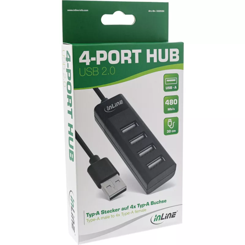 InLine USB 2.0 4-porttinen keskitin, Type-A-uros 4x Type-A-naaras, musta, 30 cm, ohut