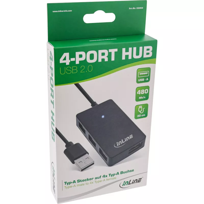 InLine USB 2.0 4-porttinen keskitin, Type-A-uros 4x Type-A-naaras, musta, 30 cm