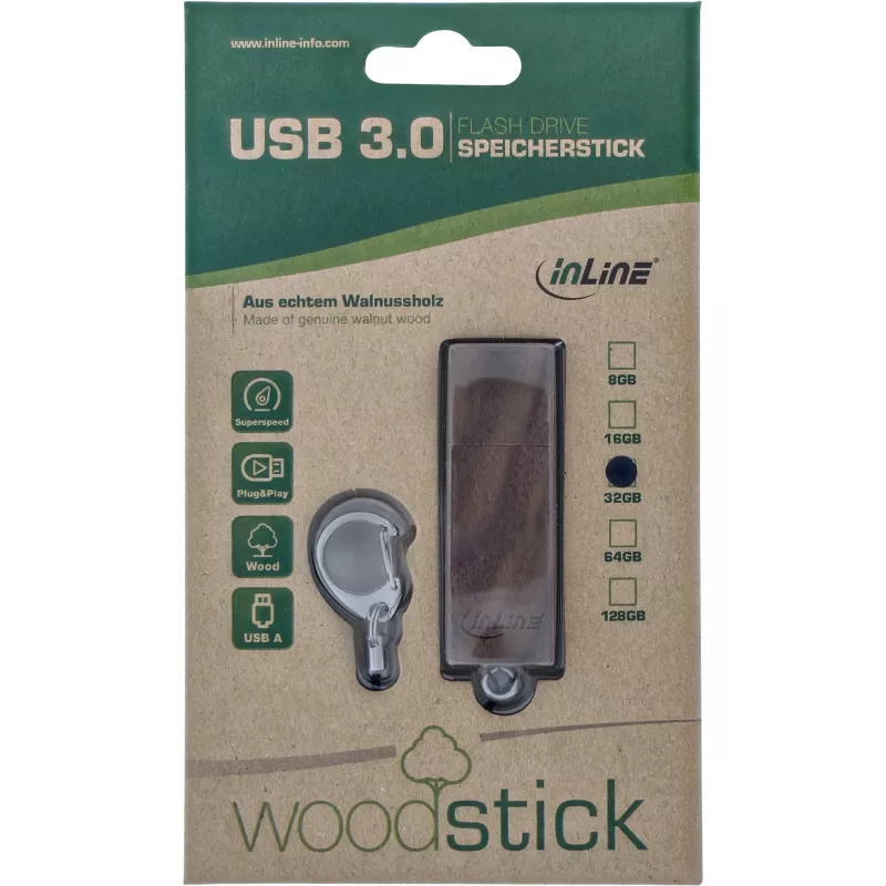InLine USB 3.0 flash-asema, saksanpähkinäpuu, avaimenperällä, 8 GB