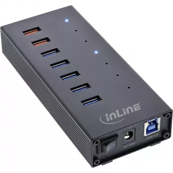 InLine USB 3.2 Gen.1 7 portin keskitin alumiinikotelolla ja 2,5A virtalähteellä, musta
