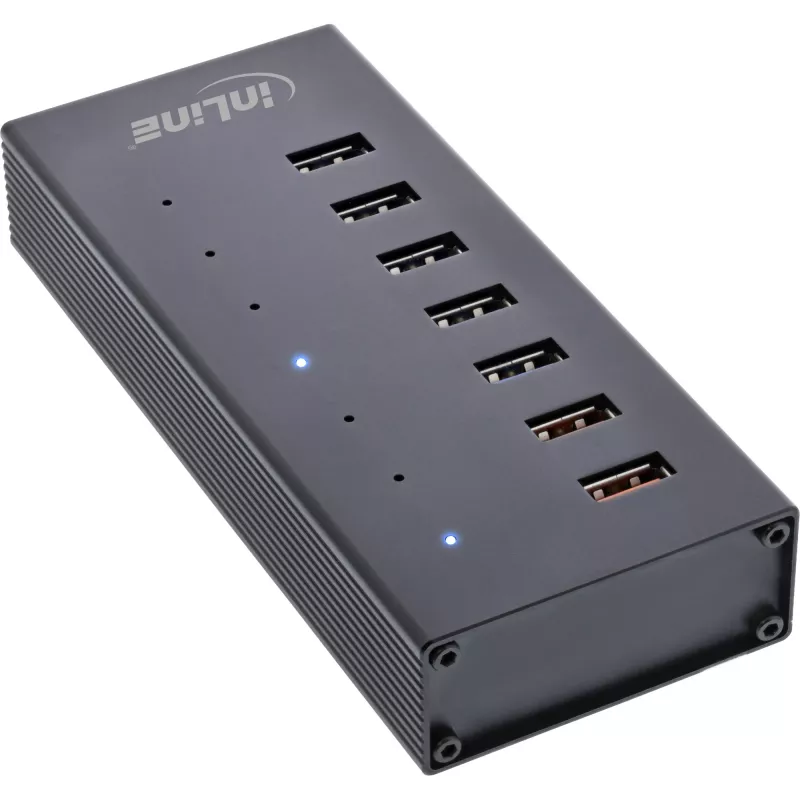 InLine USB 3.2 Gen.1 7 portin keskitin alumiinikotelolla ja 2,5A virtalähteellä, musta