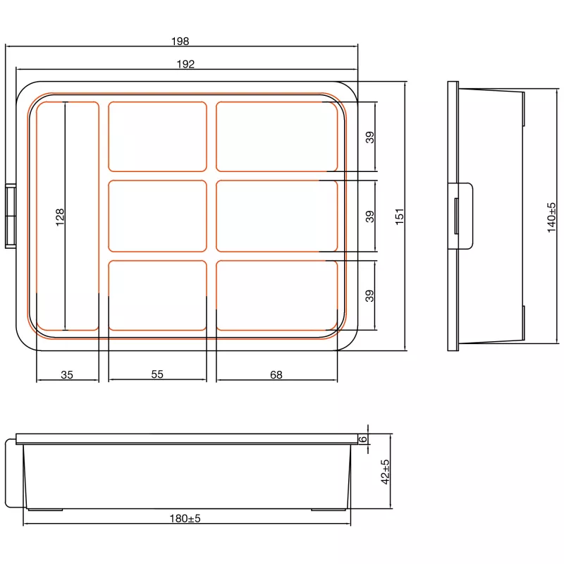 InLine pienmateriaalilaatikko, 7 lokeroa, 180 x 140 x 40 mm, oranssi