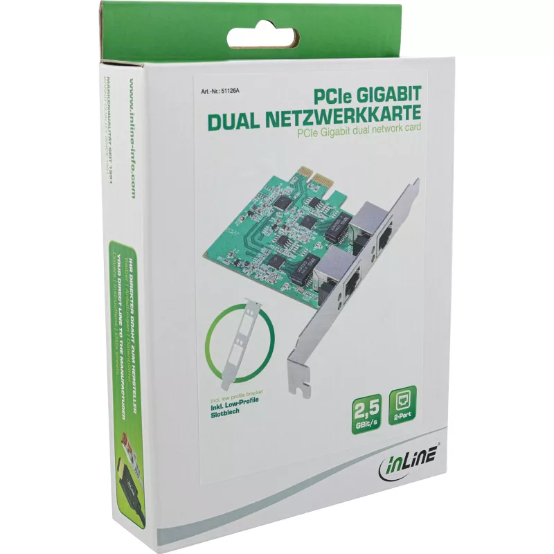 InLine 51126A kaksiporttinen 2,5 Gigabit -verkkokortti, 2x RJ45, PCIe x1, sis. LP-kiinnikkeen