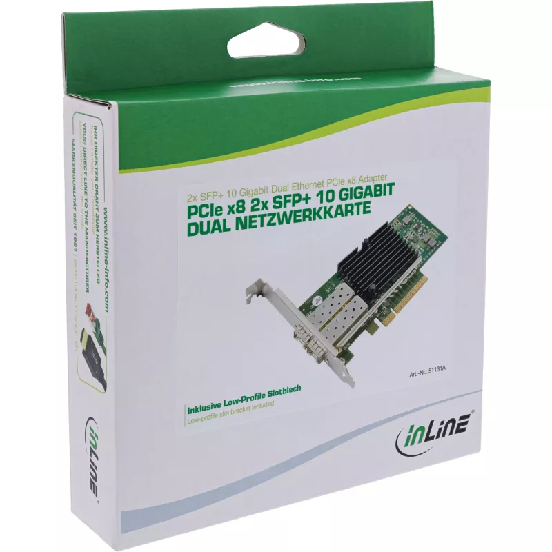 InLine Dual 10 Gigabit -verkkokortti, 2x SFP+, PCIe x8, sis. LP-paneelin