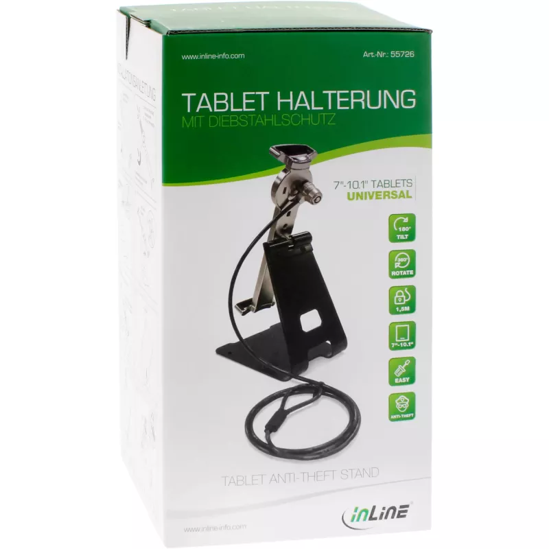 InLine yleinen tablettien lukitusteline 7–10,1 tuuman laitteille avainlukolla 1,5 m