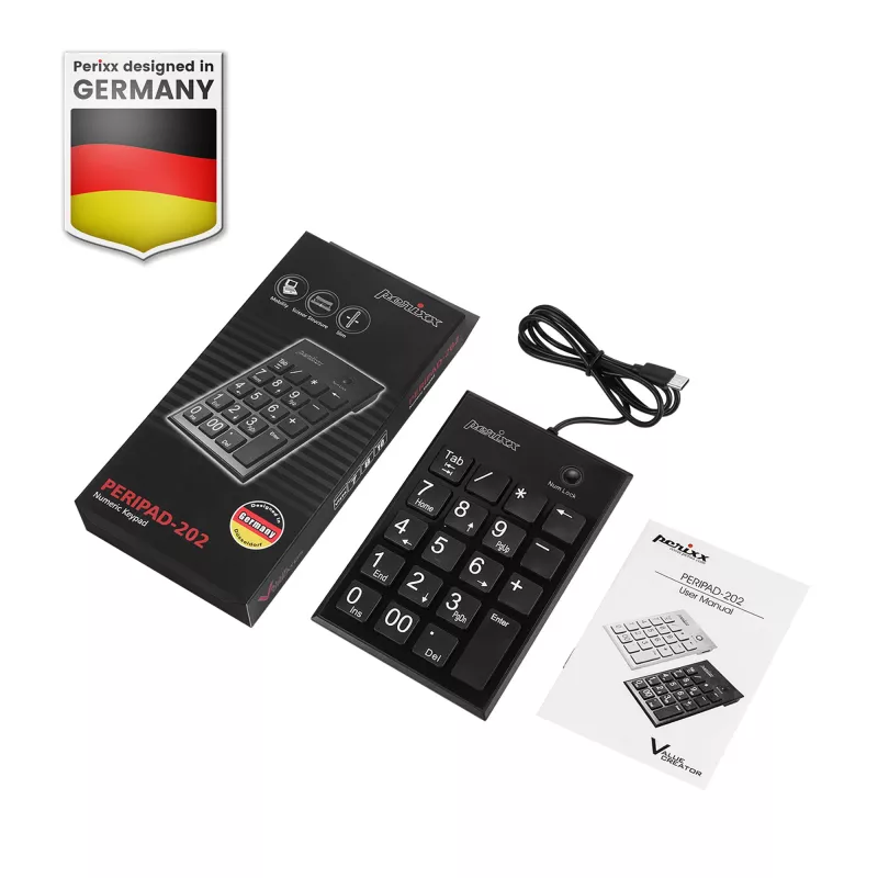 Perixx PERIPAD-202C numeronäppäimistö USB-C ja 2x USB-A-keskitin musta (57161I)