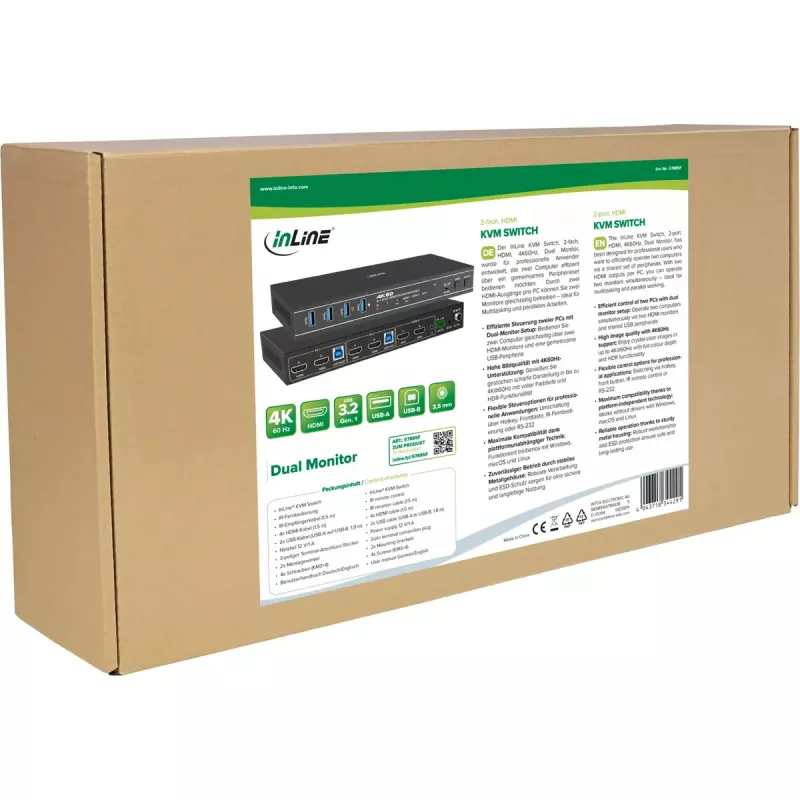 InLine 57885F KVM-kytkin, 2-tie, HDMI, 4K60Hz, kaksi näyttöä