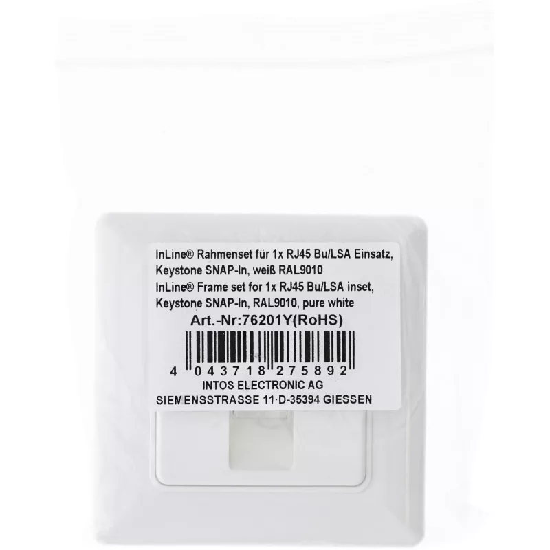InLine kehyssarja 1x RJ45 liitin/LSA-moduulille, Keystone SNAP-In, valkoinen RAL9010