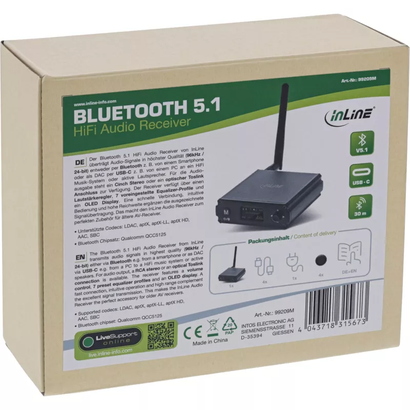 InLine Bluetooth 5.1 HiFi-vastaanotin & USB-DAC LCD-näytöllä 30 m kantama