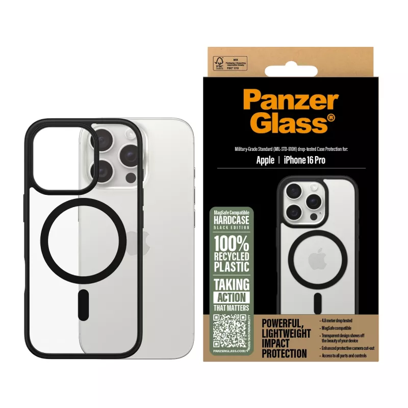 PanzerGlass® HardCase läpinäkyvä mustalla MagSafe-renkaalla ja kehyksellä iPhone 16 Pro