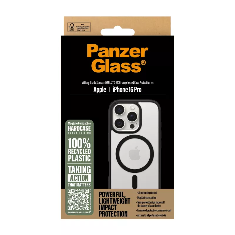 PanzerGlass® HardCase läpinäkyvä mustalla MagSafe-renkaalla ja kehyksellä iPhone 16 Pro