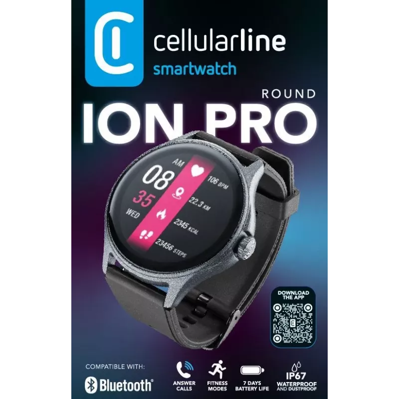 Cellularline ION PRO Round Bluetooth® älykello sovelluksella, 3,51 cm (1,38 inch), TFT, kosketusnäyttö, 0,00064 GB, 98 g