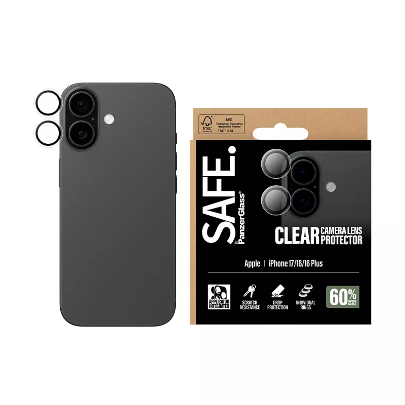 PanzerGlass SAFE -kameran linssinsuoja iPhone 17 16 16 Plus, naarmuuntumaton, iskunkestävä, läpinäkyvä